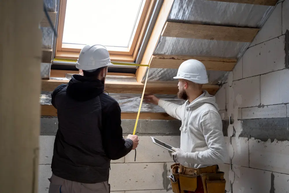 Two construction workers measuring attic roof dimensions.
