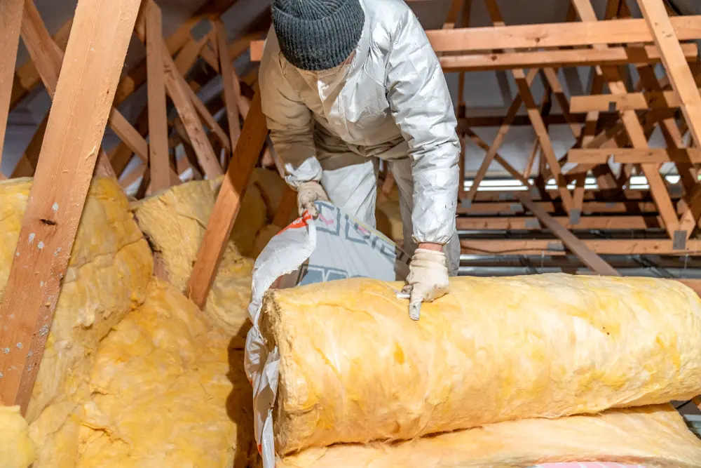 Worker installing insulation in attic space.