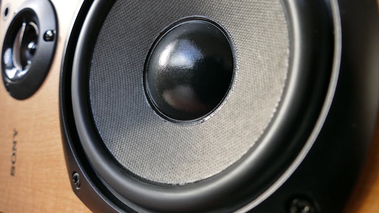Close-up of a speaker with wood panel.