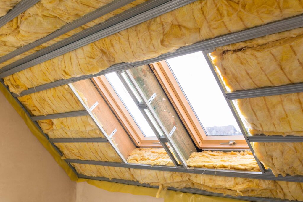 Insulated attic with skylight window installation.