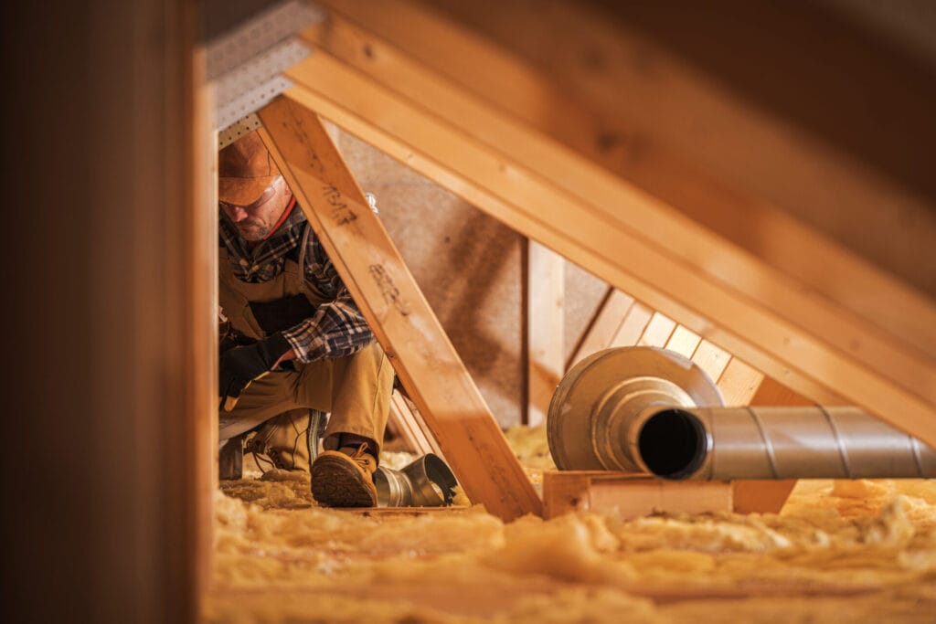 Worker installing insulation in attic