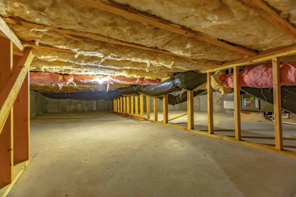 Basement or crawl space with upper floor insulation and wooden support beams. An area of limited height under the floor of a house with concrete wall and floor.