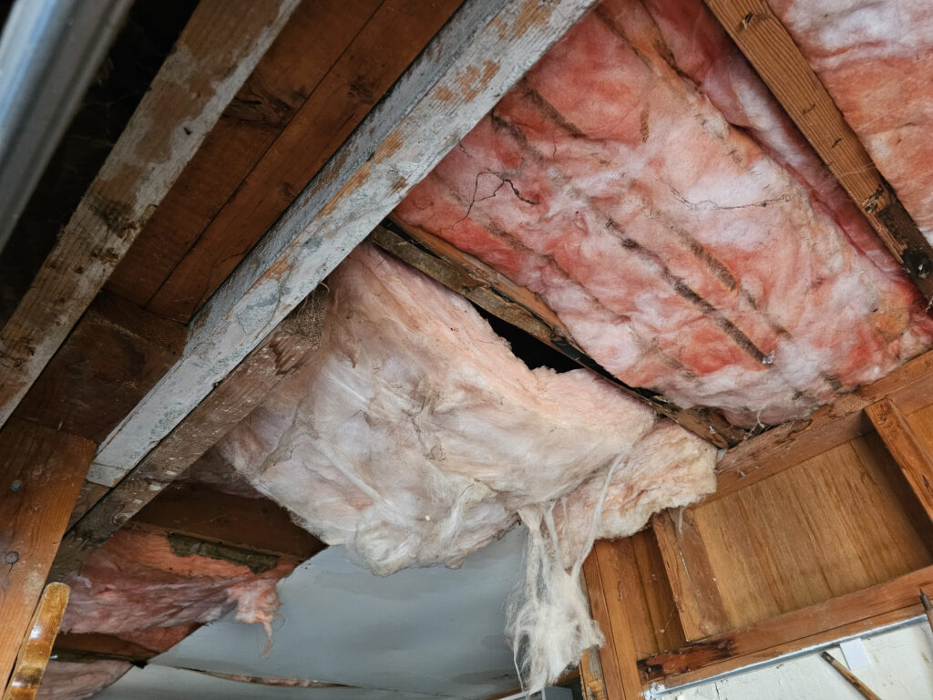 An open ceiling with the insolation clearly seen hanging from it.