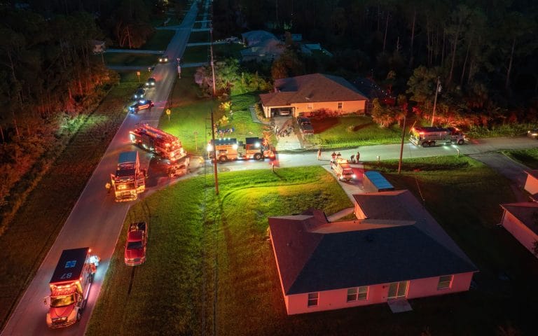 Emergency vehicles at residential fire scene