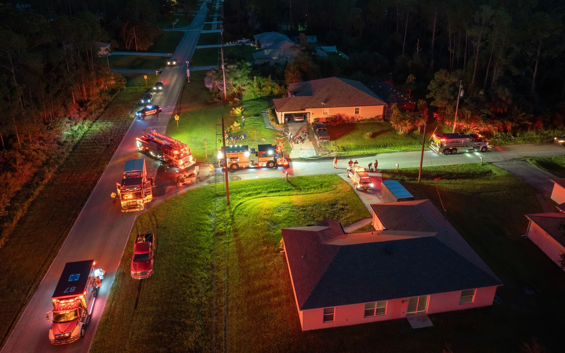 Emergency vehicles at residential fire scene